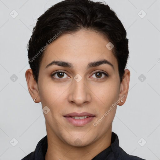 Joyful white young-adult female with short  brown hair and brown eyes