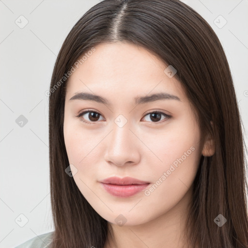 Neutral white young-adult female with long  brown hair and brown eyes