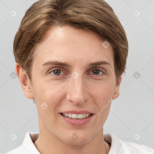 Joyful white young-adult female with short  brown hair and grey eyes