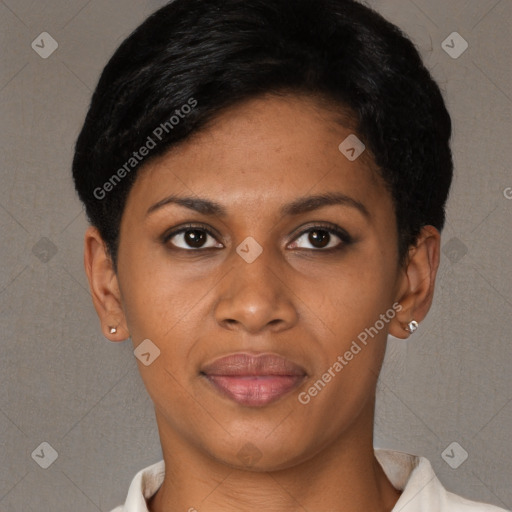 Joyful black young-adult female with short  brown hair and brown eyes