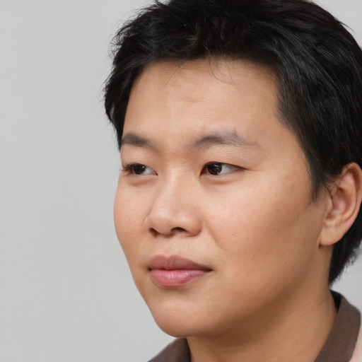 Neutral asian young-adult male with short  black hair and brown eyes