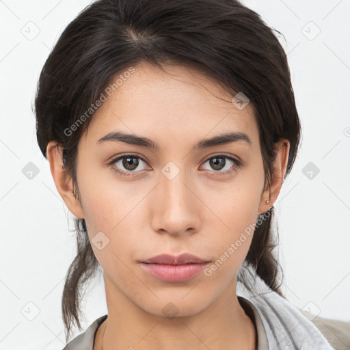 Neutral white young-adult female with medium  brown hair and brown eyes