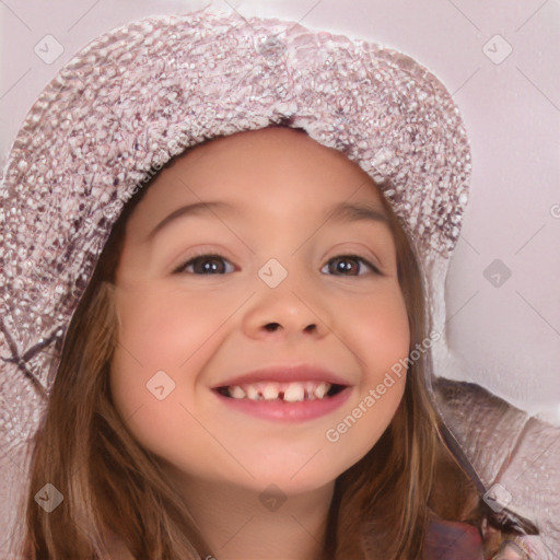 Joyful white child female with long  brown hair and brown eyes