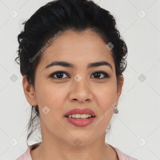 Joyful latino young-adult female with short  black hair and brown eyes