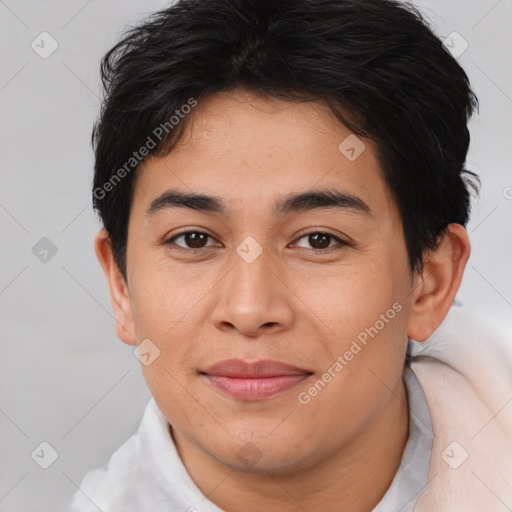 Joyful asian young-adult male with short  brown hair and brown eyes