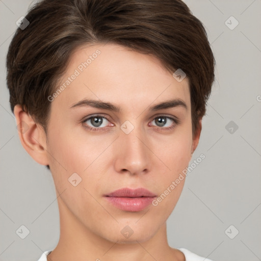 Neutral white young-adult female with short  brown hair and brown eyes