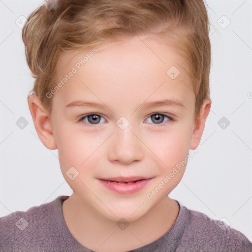 Joyful white child female with short  brown hair and grey eyes