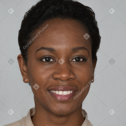 Joyful black young-adult female with short  black hair and brown eyes