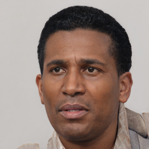 Neutral latino adult male with short  black hair and brown eyes