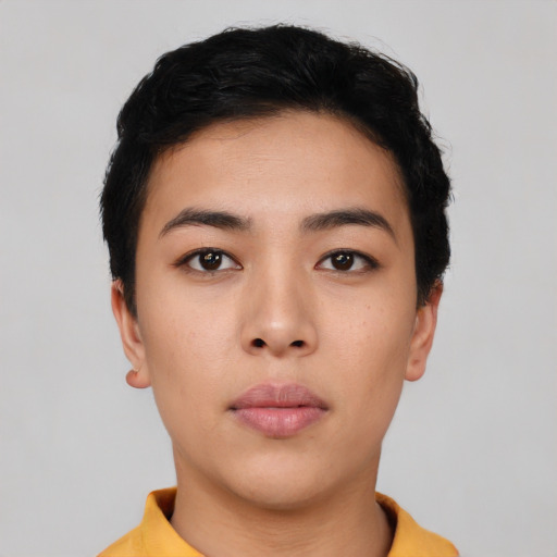 Neutral asian young-adult female with short  black hair and brown eyes