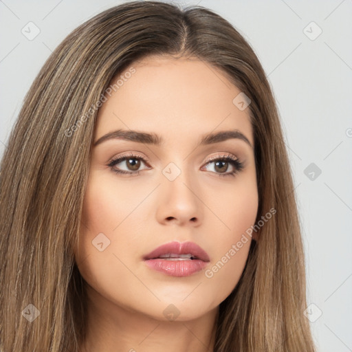 Neutral white young-adult female with long  brown hair and brown eyes