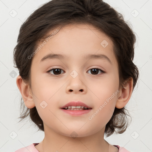 Joyful white child female with medium  brown hair and brown eyes