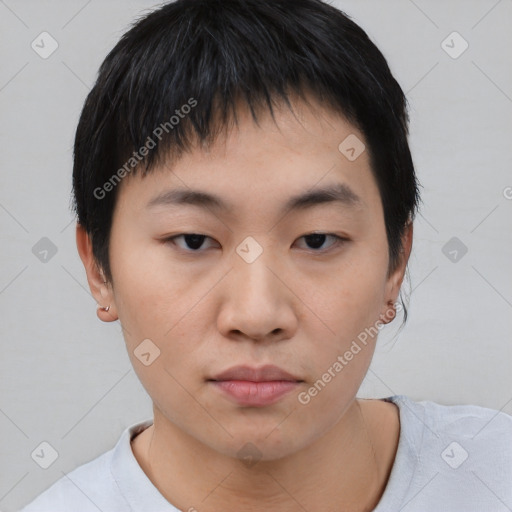 Neutral asian young-adult male with short  black hair and brown eyes