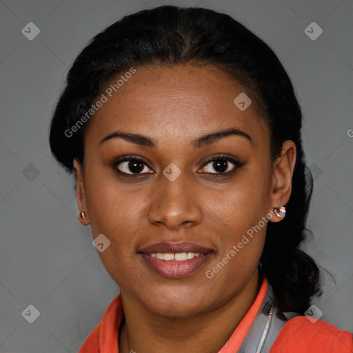 Joyful latino young-adult female with short  black hair and brown eyes