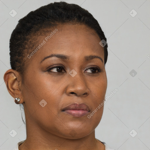 Neutral black young-adult female with short  brown hair and brown eyes