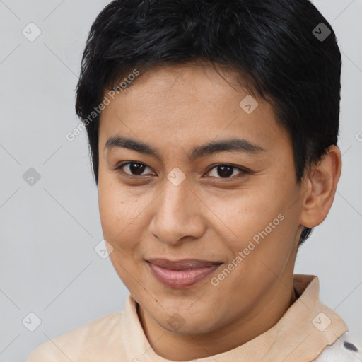 Joyful asian young-adult female with short  brown hair and brown eyes