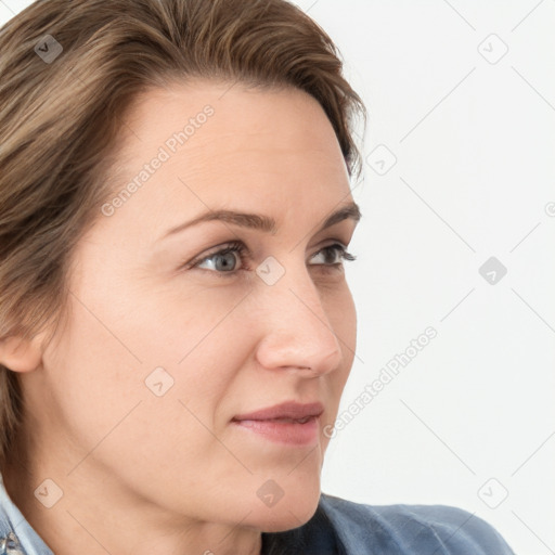 Neutral white young-adult female with medium  brown hair and grey eyes