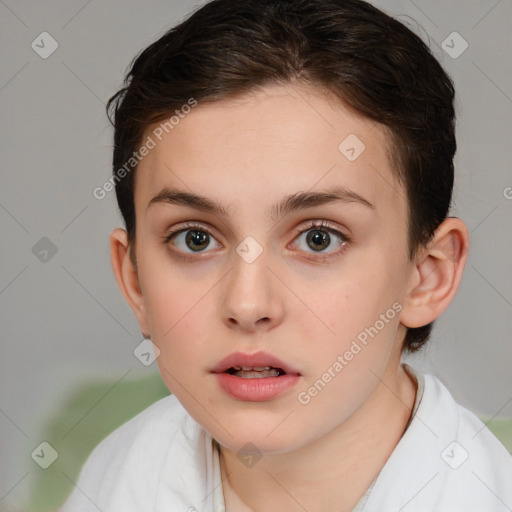 Neutral white young-adult female with short  brown hair and brown eyes