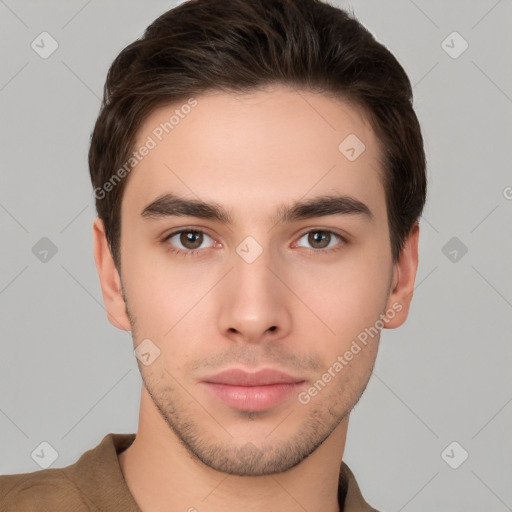 Neutral white young-adult male with short  brown hair and brown eyes