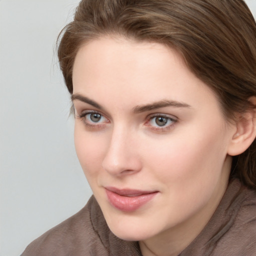 Neutral white young-adult female with long  brown hair and grey eyes