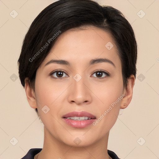 Joyful white young-adult female with short  brown hair and brown eyes