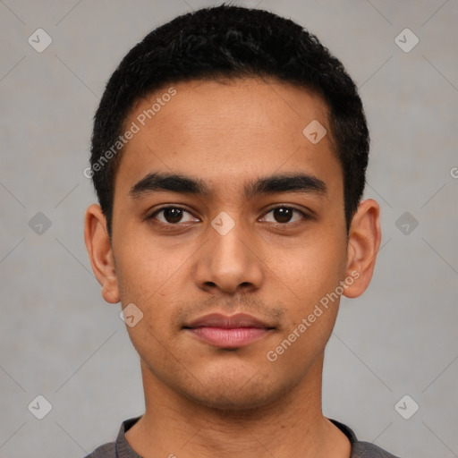 Neutral latino young-adult male with short  black hair and brown eyes