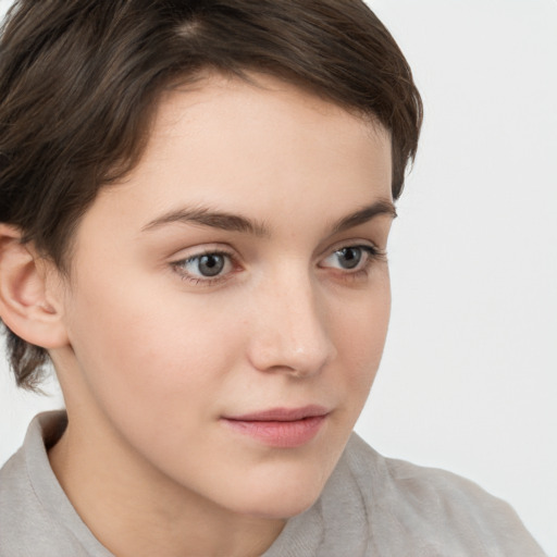 Neutral white young-adult female with short  brown hair and brown eyes