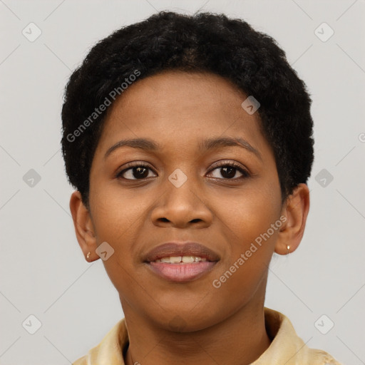 Joyful black young-adult female with short  brown hair and brown eyes