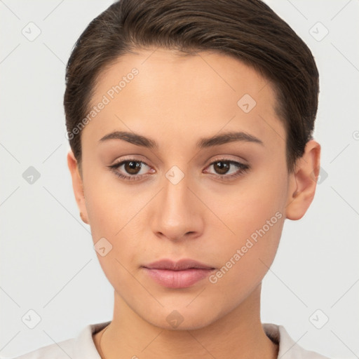 Neutral white young-adult female with short  brown hair and brown eyes