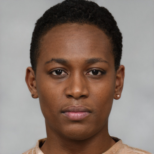 Neutral black young-adult female with short  brown hair and brown eyes