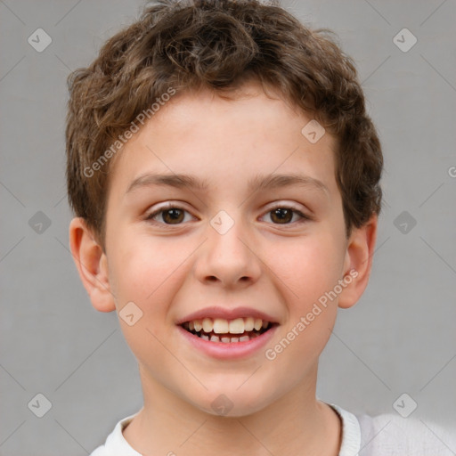 Joyful white child male with short  brown hair and brown eyes