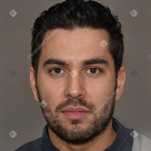 Neutral white young-adult male with short  black hair and brown eyes