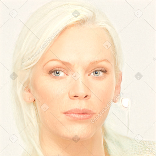 Neutral white adult female with medium  blond hair and blue eyes