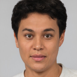 Neutral latino young-adult male with short  black hair and brown eyes