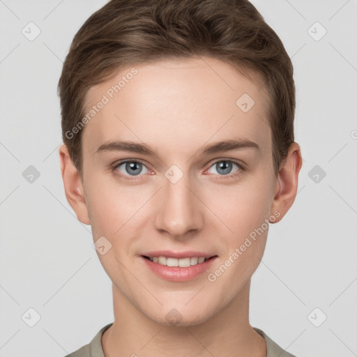 Joyful white young-adult female with short  brown hair and grey eyes