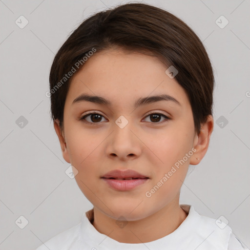 Neutral white young-adult female with short  brown hair and brown eyes