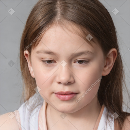 Joyful white child female with medium  brown hair and brown eyes