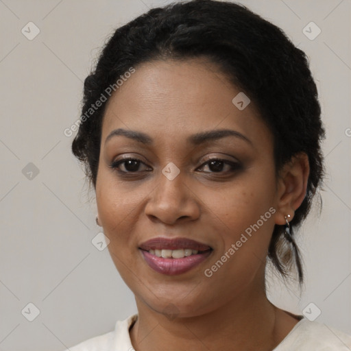 Joyful latino young-adult female with medium  black hair and brown eyes