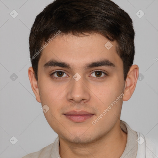 Neutral white young-adult male with short  brown hair and brown eyes