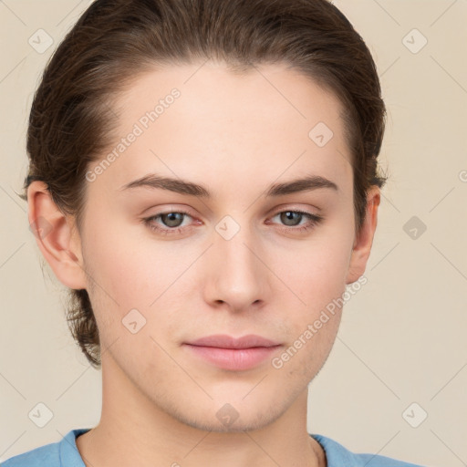 Neutral white young-adult female with short  brown hair and brown eyes