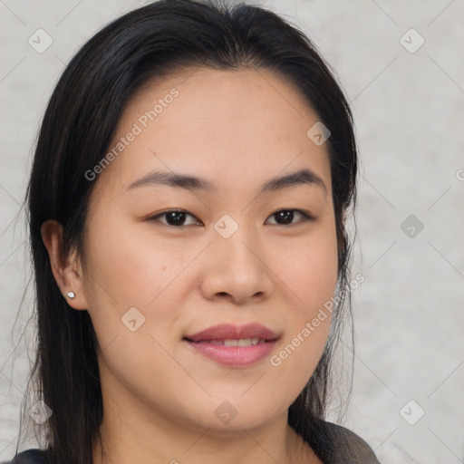 Joyful asian young-adult female with medium  brown hair and brown eyes