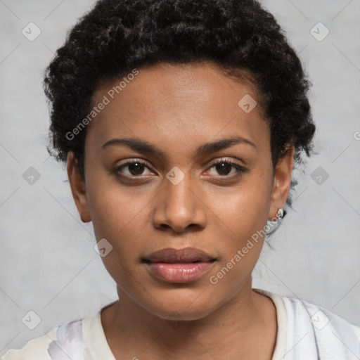 Neutral black young-adult female with short  black hair and brown eyes