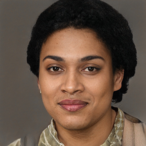 Joyful black young-adult female with short  black hair and brown eyes