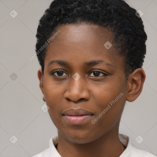 Neutral black young-adult female with short  black hair and brown eyes