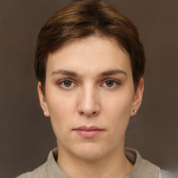 Neutral white young-adult female with short  brown hair and brown eyes