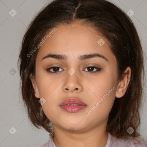 Neutral white young-adult female with medium  brown hair and brown eyes