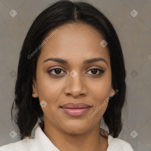 Joyful black young-adult female with medium  brown hair and brown eyes