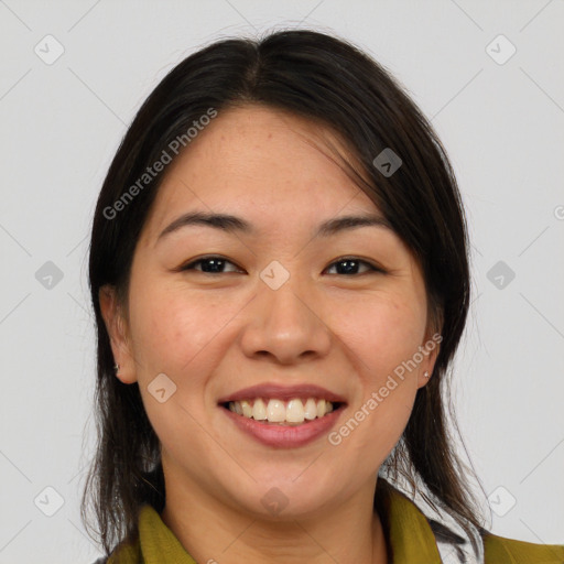 Joyful white young-adult female with medium  brown hair and brown eyes