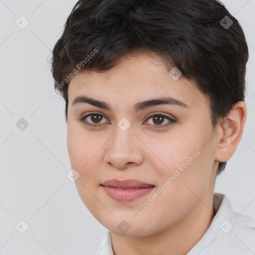 Joyful white young-adult female with short  brown hair and brown eyes