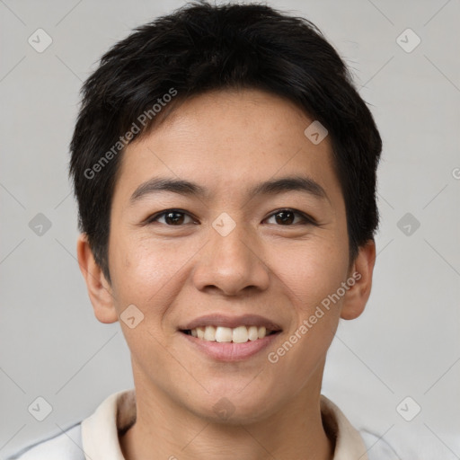 Joyful asian young-adult male with short  brown hair and brown eyes